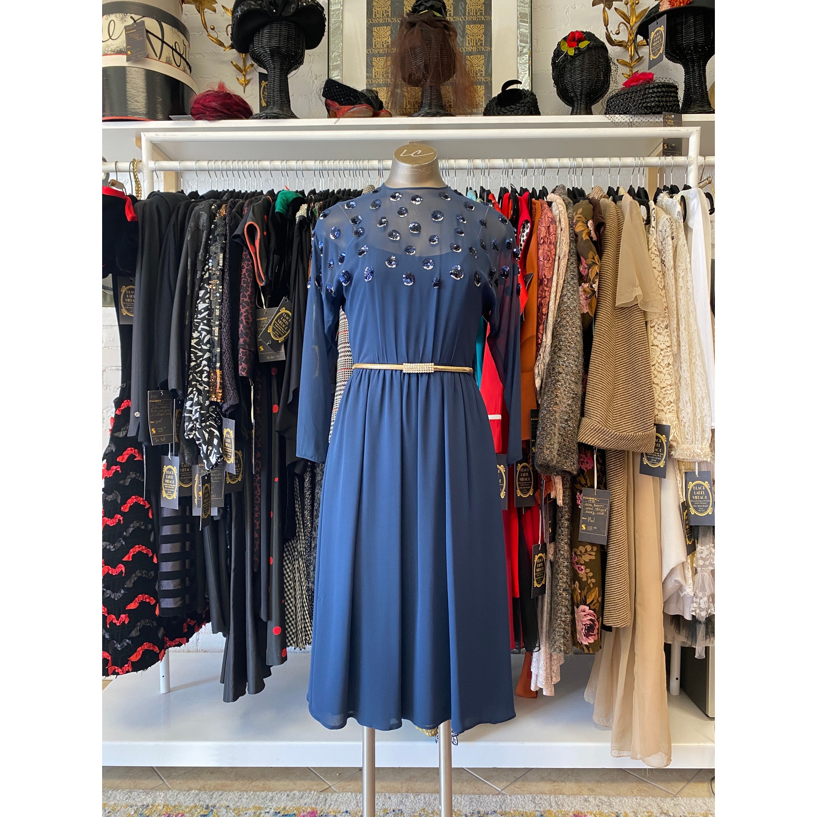 Vintage 1970s Navy Sheer Silk Chiffon Dress Sequin Dots Victoria Royal Ltd Small